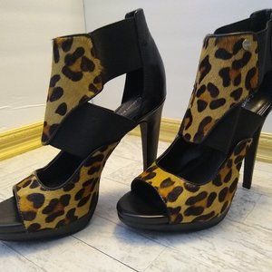 Calvin Klein Sonia Calf Hair/ Elastic Strap Leopard Design Heels